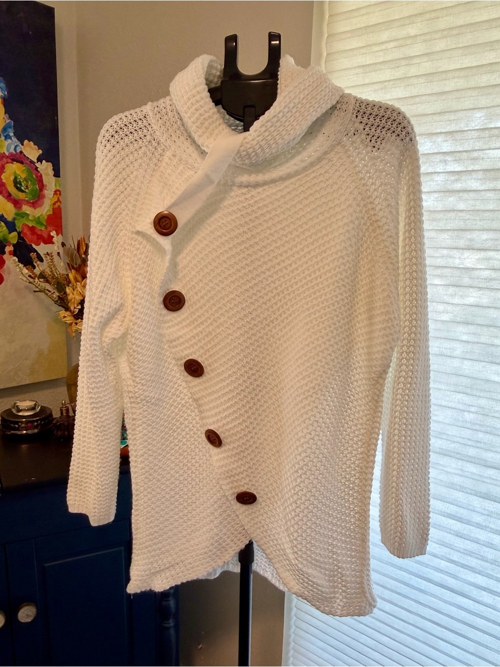 GRECERELLE 2X Ivory Chunky Knit Cowl Neck Asymmetrical Button Sweater